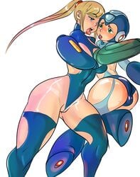 1boy 1girls adapted_costume androgynous arm_cannon armor ass balls blonde_hair blue_eyes blush bodysuit breasts bulge crossover female femboy femboy_on_female feminine_male garter_belt garter_straps genderswap girly green_eyes helmet hetero highres human keppok leotard long_hair male male/female mega_man mega_man(classic) mega_man_(character) metroid milf nintendo partially_visible_vulva ponytail ripped_clothes ripped_clothing saliva saliva_trail samus_aran scrunchie size_difference straight super_smash_bros. super_smash_bros._for_nintendo_3ds_and_wii_u super_smash_bros._ultimate testicles thighhighs tied_hair tongue tongue_out torn_clothes torn_clothing weapon wedgie zero_suit zero_suit_samus