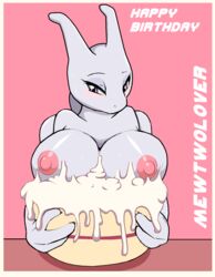 1girls big_breasts blush breasts cake droll3 english_text female female_only furry huge_breasts legendary_pokemon mewtwo nintendo no_humans pink_nipples pokemon pokemon_(species) pokephilia purple_eyes text video_games