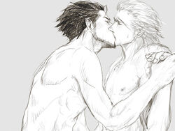 2boys artist_request basch_fon_ronsenburg facial_hair final_fantasy final_fantasy_xii gay holding_hands kissing male male_only monochrome multiple_boys pecs scar serratus_anterior sweat topless vossler_york_azelas yaoi