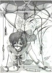 1990s 1994 20th_century ami_mizuno aoki_reimu bishoujo_senshi_sailor_moon bondage female female_only human monochrome nipples sailor_mercury solo straight_hair tagme