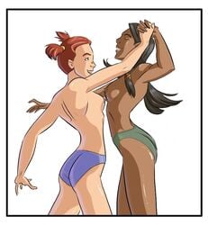 2girls ass black_hair breasts clothed dani_moonstar dark-skinned_female dark_skin female human human_only interracial interracial_yuri light_skin marvel marvel_comics multiple_girls native_american native_american_female nipples panties partially_clothed rahne_sinclair red_hair short_twintails small_breasts straight_hair topless underwear wolfsbane_(x-men) x-men x-men_evolution yuri