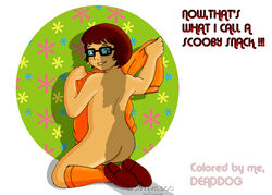 1boy 1girls artist_name ass bob_cut brown_hair clothes_removed dead_dog english_text female freckles from_behind glasses hanna-barbera knee_socks kneehighs kneeling looking_at_viewer male nude nude_female orange_socks scooby-doo seductive_smile shadow shaggy_rogers short_hair smile socks sweater_removed tagme text velma_dinkley watermark