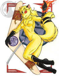 2_tails anthro boomerang breasts color drawing feline fire fur furry inuyasha kirara looking_at_viewer multiple_tails nipples nude red_eyes sword tail topless weapon