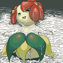 after_sex bellossom blue_eyes bodily_fluids color cum cum_bath cum_covered excessive_cum excessive_genital_fluids female female_only flower flower_(anatomy) front_view genital_fluids genitals green_skin head_flower looking_at_viewer lying messy on_back open_eyes open_mouth plant plantie pokemon pokemon_gsc pussy solo video_games vulva