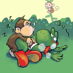 anal color cub donkey_kong donkey_kong_(series) furry interspecies kong lowres male male_only mario_(series) multiple_males nintendo straight_hair ukiki yaoi yoshi yoshi's_island young