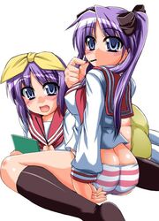 blue_eyes female female_only hair_ribbon human kagami_hiiragi long_hair lucky_star multiple_females multiple_girls open_mouth panties purple_hair ribbon school_uniform shibahara_gocho short_hair striped striped_panties tsukasa_hiiragi underwear