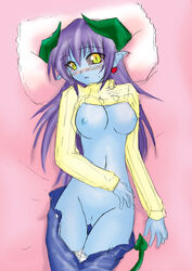 alternate_costume astaroth astaroth_(shinrabanshou) clothing drawn medium_breasts on_back panties pants_down shinrabanshou shirt_lift