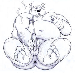 anthro anus ass balls bear belly chest_tuft closed_eyes cum erection eyebrows feet fur greyscale hairy long_penis male mammal masturbation monochrome navel nipple_play nipples nude obese open_mouth orgasm osos overweight penis plain_background sitting solo teeth thick_eyebrows tongue tuft white_background