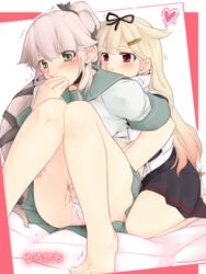 2girls barefoot blonde_hair crying crying_with_eyes_open female fingering grabbing grabbing_from_behind green_eyes hair_ornament hair_ribbon hairclip hand_in_another's_panties hand_in_mouth hand_in_panties heart kantai_collection multiple_girls neko_majin panties pink_hair ponytail pussy_juice red_eyes ribbon sailor_collar skirt tears tied_hair trembling two_side_up underwear yura_(kantai_collection) yuri yuudachi_(kantai_collection)