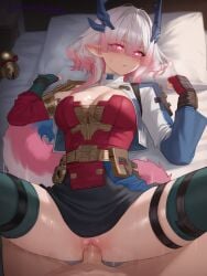 1girls ai_generated arknights arknights:_endfield blush cleavage horns long_hair long_sleeves mi_fu_(arknights:_endfield) patreon patreon_username pink_eyes pink_hair pointy_ears thighhighs white_hair xzollosez