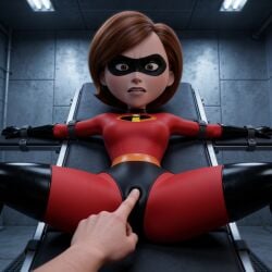 ai_generated bdsm before_rape black_heels bodysuit bondage brown_eyes brown_hair damsel_in_distress elastigirl gaze helen_parr high_heel_boots high_heeled_boots high_heels highres in_trouble poking preparing red_clothing staring strapped_down strapped_in superhero superhero_costume superheroine test_subject tight_clothes tight_clothing touching_pussy wide_hips