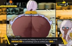 1girl 1girls 3d aqua_eyes ass ass_focus back_view behind behind_view big_ass big_thighs blue_eyes bubble_ass bubble_butt clothed clothed_female clothing coat cockrochi collaboration danganronpa danganronpa_v3 dark-skinned_female dark_skin dat_ass dialog dialogue dialogue_box fat_ass female female_only huge_ass huge_thighs kumaccino massive_ass movement_lines no_panties on_knees onomatopoeia pantieless self_upload sitting solo solo_female solo_focus sweat sweaty sweaty_ass tan_body tan_skin text text_box thick_thighs thighs topwear topwear_only underwear upskirt wet white_hair wide_hips yonaga_angie