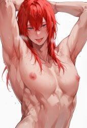 1boy ai_generated aidontknow androgynous armpits arms_behind_head bangs blue_eyes blush breath femboy flat_chest hair_between_eyes long_hair looking_at_viewer mature muscular nipples nude open_mouth otoko_no_ko red_hair seductive_smile sexy simple_background sweat toned tongue_out trap upper_body voluptuous white_background