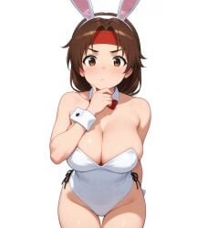 1girls ai_generated big_breasts braid brown_hair bunnysuit hairband huge_breasts king_of_fighters light-skinned_female light_skin long_hair pale-skinned_female pale_skin voluptuous voluptuous_female yuri_sakazaki