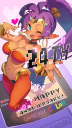 1girl :d ;d absurdres anniversary bare_shoulders big_breasts black_choker blue_eyes bracer bracers breasts choker cleavage commentary dark-skinned_female dark_skin earrings english_commentary english_text game_boy game_boy_color gold_hoop_earrings handheld_game_console happy_anniversary heart highres hoop_earrings jewelry large_breasts life_is_pi long_hair looking_at_viewer midriff navel nintendo one_eye_closed open_mouth pants pointy_ears ponytail purple_hair red_pants shantae shantae_(character) shantae_(series) smile solo teeth upper_teeth upper_teeth_only wayforward wink winking winking_at_viewer