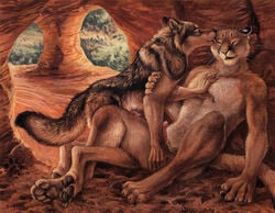 2014 anthro blotch canine cave cougar feline fur furry interspecies licking male male_only mammal paws penis tongue wolf