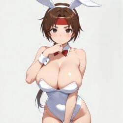1girls ai_generated big_breasts braid brown_hair bunnysuit hairband huge_breasts king_of_fighters light-skinned_female light_skin long_hair pale-skinned_female pale_skin thick voluptuous voluptuous_female yuri_sakazaki