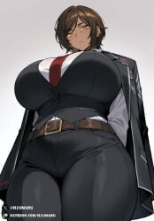 1girls 2026 ai_generated brown_hair clothing curvaceous curvy curvy_body curvy_female curvy_figure dark-skinned_female dark_skin detailed female female_focus female_human female_only fit_female from_below hi_res huge_breasts human illumaru jacket large_breasts limbus_company mature_female official_alternate_costume outis_(limbus_company) patreon_username short_hair solo stable_diffusion thick_thighs tie tomboy voluptuous voluptuous_female white_shirt wide_hips yellow_eyes