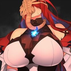 1girls ai_generated alien alien_(franchise) bare_shoulders big_breasts blue_fire breasts cleavage clothed_female crossover deepthroat elizabeth_rose_bloodflame face_fucking facehugger female female_focus fire hololive hololive_english hololive_english_-justice- interspecies monster multicolored_hair oral oral_penetration red_hair saliva virtual_youtuber vtuber