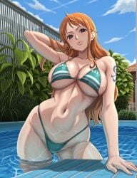 1girls ai_generated armpits arms_behind_head arms_up big_boobs big_breasts bikini bikini_bottom bikini_top curvy curvy_female curvy_figure curvy_hips curvy_thighs huge_breasts large_breasts light-skinned_female light_skin looking_at_viewer looking_down mature_female micro_bikini nami_(one_piece) one_piece pool pose seductive seductive_look seductive_pose sexy sexy_pose shao145 shiny_skin solo solo_female standing sweat sweaty wet wet_body