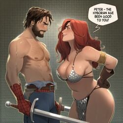 1boy 1boy1girl 1girls ai_generated big_ass big_breasts bikini_armor breasts chainmail chainmail_bikini conan_the_barbarian_(series) crossover curvaceous curvy curvy_figure digital_media_(artwork) dynamite_comics female female_warrior hips huge_ass huge_breasts large_ass large_breasts legs light-skinned_female light-skinned_male light_skin male male/female marvel marvel_comics mature mature_female peter_parker phophopho red_hair red_sonja red_sonja_(comics) slim_waist spider-man_(series) straight thick thick_hips thick_legs thick_thighs thighs voluptuous waist warrior warrioress wide_hips