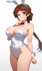 1girls ai_generated big_breasts braid brown_hair bunnysuit hairband huge_breasts king_of_fighters light-skinned_female light_skin long_hair pale-skinned_female pale_skin voluptuous voluptuous_female yuri_sakazaki