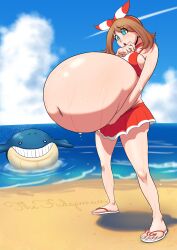 1girls 2026 beach belly_expansion big_belly bloated_belly huge_belly may_(pokemon) pokemon pokemon_rse swimsuit tagme thefudgeman wailmer