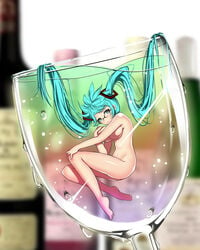 aqua_eyes aqua_hair barefoot breasts cup eyewear female floating_hair girl_in_a_cup glasses hatsune_miku in_container in_cup large_breasts long_hair looking_at_viewer minigirl nude ratio_(ratio-d) revision solo submerged tied_hair twintails underwater very_long_hair vocaloid wine_glass