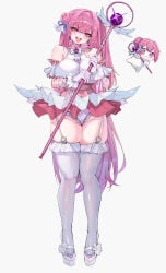 1girl absurdly_long_hair absurdres alternate_costume alternate_hairstyle bare_shoulders blush breasts chinese_commentary colored_petticoat commentary_request corset doro_(nikke) dorothy_(nikke) earrings frilled_thighhighs frills full_body garter_straps gloves goddess_of_victory:_nikke hair_between_eyes hair_bun highres holding holding_staff huge_breasts jewelry long_hair microskirt one_side_up open_mouth panties petticoat pink_corset pink_hair purple_eyes purple_panties pussy shirt shoes short_sleeves single_side_bun skirt staff teeth thighhighs tongku_jue_jie underwear upper_teeth_only very_long_hair white_background white_garter_straps white_gloves white_shirt white_shoes white_skirt white_thighhighs wrist_cuffs