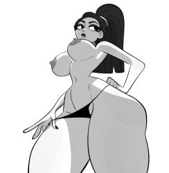 black_hair breasts hand_on_hip large_breasts long_hair looking_away navel nipples original original_character panties posing pulling_panties slim_waist tagme thick_thighs tied_hair underwear vanillasketchy viewed_from_below voluptuous white_background white_body wide_hips
