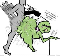 1boy 1girls alien alien_girl anon anonymous_male antennae_(anatomy) areolae breasts dialogue female green_skin handprint handprint_on_ass hetero human interspecies invader_zim male motion_blur motion_lines nanodude78 nipples nude nude_female sex shortstack small_breasts straight straight_sex sweat sweatdrop sweaty_ass tak_(invader_zim) text thick_thighs thunder_thighs wide_hips
