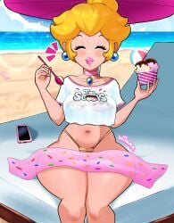 1girls alternate_version_available beach beach_ball beach_chair big_lips bikini bikini_bottom bikini_top bimbo bimbo_lips blonde_hair bottomwear breasts chair choker closed_eyes ear_piercing earrings female female_only hair heart hearts hips holding_object ice_cream lips lipstick mario_(series) medium_breasts nail_polish nails neckwear nintendo phone pink_lips pink_lipstick pink_nail_polish pink_nails princess_peach sand sarong shirt sitting smile solo solo_female spoon swimwear themed_clothes thick_lips thick_thighs thighs tied_hair topwear white_shirt wide_hips wiluma