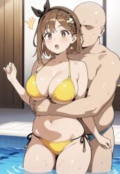 ai_generated breedable_hips curvy_female fat_male groping_from_behind horny_male pool reisalin_stout surprised_expression wading yellow_bikini
