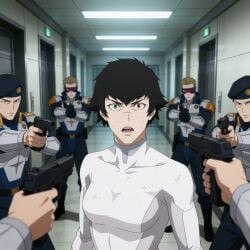 ai_generated bodysuit captured captured_female captured_hero captured_heroine damsel_in_distress dark_hair dark_hair_female eye_contact guards in_trouble lady_(devil_may_cry:netflix) looking_at_viewer medium_breasts open_mouth panicked_look surprised surprised_expression surprised_face surrendering surrounded surrounded_by_men tight_clothing weapons white_bodysuit white_clothes white_clothing