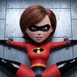 ai_generated bdsm black_heels bodysuit bondage brown_eyes brown_hair elastigirl gaze helen_parr high_heel_boots high_heeled_boots high_heels highres legs_apart red_clothing spread_legs spreading staring strapped_down strapped_in stretched stretched_out_legs superhero superhero_costume superheroine tight_clothes tight_clothing wide_hips
