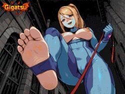 2026 2d 2d_(artwork) ai_art ai_assisted ai_generated barefoot dithering dominant_female feet female_domination foot_fetish foot_focus gigatsu leash limited_palette metroid nintendo patreon patreon_username pixel_(artwork) pixel_art pov retro retro_artstyle samus_aran sole_female soles toes