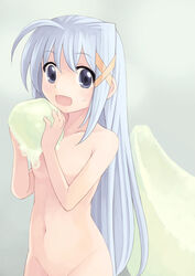 blue_eyes blue_hair food fruit kouno_hikaru lyrical_nanoha mahou_shoujo_lyrical_nanoha mahou_shoujo_lyrical_nanoha_strikers melon minigirl mound_of_venus navel nude reinforce_zwei smile