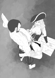 1boy 1girls barefoot breasts clothed_sex figure404 half-elf leg_on_shoulder looking_pleasured pathfinder pirate pirate_girl pirate_hat pleasure_face pubic_hair sex sex_on_table sketch smile straight table table_sex tessa_fairwind vaginal_penetration