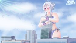 100_percent_orange_juice 2022 building_destruction city city_background cityscape daikaitenf destruction extreme_size_difference giantess hugging_building hugging_object kuudere larger_female macro macro_female orange_juice_(company) silver_hair size_difference suguri_(character) suguri_(series) swimsuit