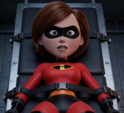 ai_generated bdsm before_rape black_heels bodysuit bondage brown_eyes brown_hair damsel_in_distress elastigirl gaze helen_parr high_heel_boots high_heeled_boots high_heels highres in_trouble preparing red_clothing staring strapped_down strapped_in superhero superhero_costume superheroine test_subject tight_clothes tight_clothing wide_hips