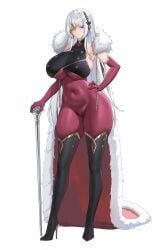 1girl black_boots blush bodysuit boots breasts character_request closed_mouth commission copyright_request covered_navel elbow_gloves full_body gloves hand_on_own_hip high_heel_boots high_heels highres large_breasts long_hair looking_at_viewer one_eye_covered red_bodysuit red_eyes shuiruoqing simple_background solo standing thick_thighs thigh_boots thighs very_long_hair white_background white_gloves white_hair