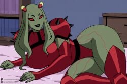 1female 1girl 1girls 2026 ai_generated artist_name bed bedroom ben_10 big_ass big_breasts black_lips black_nails breasts cartoon_network colored_skin curvy green_hair green_lips green_skin hi_res high_quality high_resolution highleg highres huge_ass huge_breasts large_breasts leotard lipstick long_hair looking_at_viewer lying makeup myaxx on_bed on_side patreon patreon_username red_eyes red_leotard smile solo spikes thick_thighs thighhighs thighs unjobdespiert watermark