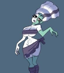 bare_shoulders breasts cleavage halloween large_breasts navel original original_character posing skirt slim_waist stitches tagme thick_thighs vanillasketchy voluptuous white_body white_hair wide_hips wraps