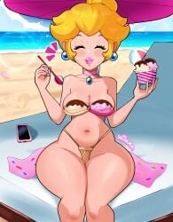 1girls alternate_version_available beach beach_ball beach_chair big_lips bikini bikini_bottom bikini_top bimbo bimbo_lips blonde_hair bottomwear breasts chair choker cleavage closed_eyes ear_piercing earrings female female_only hair heart hearts hips holding_object ice_cream lips lipstick mario_(series) medium_breasts nail_polish nails neckwear nintendo phone pink_lips pink_lipstick pink_nail_polish pink_nails princess_peach sand sarong sitting smile solo solo_female spoon swimwear themed_clothes thick_lips thick_thighs thighs tied_hair topwear wide_hips wiluma