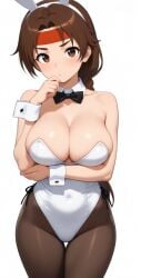 1girls ai_generated big_breasts braid brown_hair bunny bunny_girl bunnysuit hairband huge_breasts king_of_fighters light-skinned_female light_skin long_hair pale-skinned_female pale_skin thick voluptuous voluptuous_female yuri_sakazaki