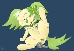 1girls cute female female_only furry green_eyes jewelpet jewelpet_(species) kaykitten looking_down microphone no_humans peridot_(jewelpet) pussy pussy_juice raised_leg simple_background solo spread_legs spreading