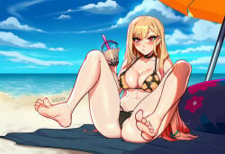 1girl 1girls ai_assisted ai_generated barefoot beach beach_umbrella bikini black_bikini blonde_hair blue_sky blush bracelet breasts bubble_tea cameltoe choker cleavage cloud collarbone colored_tips day ear_piercing earrings feet floral_print floral_print_bikini full_body holding jewelry kitagawa_marin knees_up large_breasts long_hair looking_at_viewer multicolored_hair navel nay_juno ocean outdoors piercing pink_eyes print_bikini sand sitting sky soles solo sono_bisque_doll_wa_koi_wo_suru spread_legs string_bikini swimsuit toenails toes towel umbrella