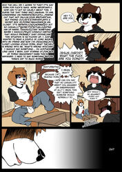 animal_genitalia anthro canine canine_penis comic conner_(sydneysnake) english_text fur furry mammal masturbation penis raccoon sydneysnake text tj_(sydneysnake) tony_(sydneysnake) wall_of_text