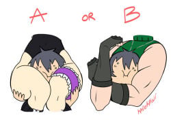 green_hair head_between_thighs muscles thick_thighs