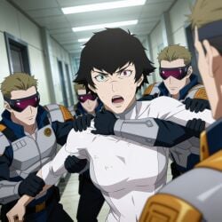 ai_generated bodysuit camel_toe cameltoe captured captured_female captured_hero captured_heroine damsel_in_distress dark_hair dark_hair_female eye_contact fight grabbed_by_arm grabbed_from_behind guards hallway in_trouble lady_(devil_may_cry:netflix) looking_at_viewer medium_breasts open_mouth panicked_look struggling surprised surprised_expression surprised_face surrendering surrounded surrounded_by_men tight_clothing weapons white_bodysuit white_clothes white_clothing